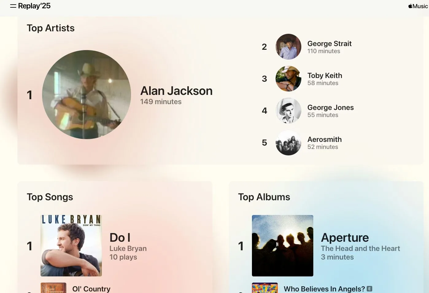 Thẻ danh sách phát Replay hàng tháng trong ứng dụng Apple Music, tóm tắt các bài hát yêu thích của người dùng.