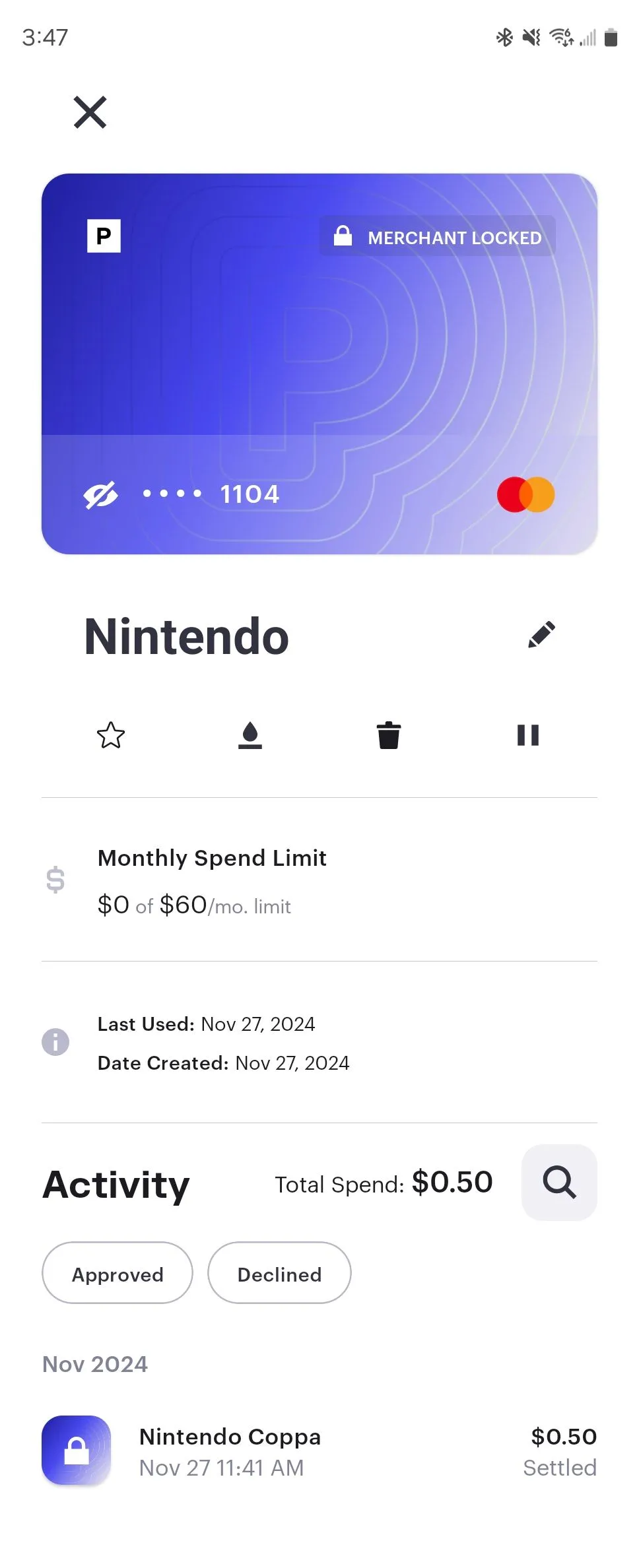 Thẻ thanh toán tạm thời được tạo cho Nintendo qua ứng dụng Privacy trên Android, nhấn mạnh khả năng bảo vệ tài chính khi mua sắm trực tuyến.
