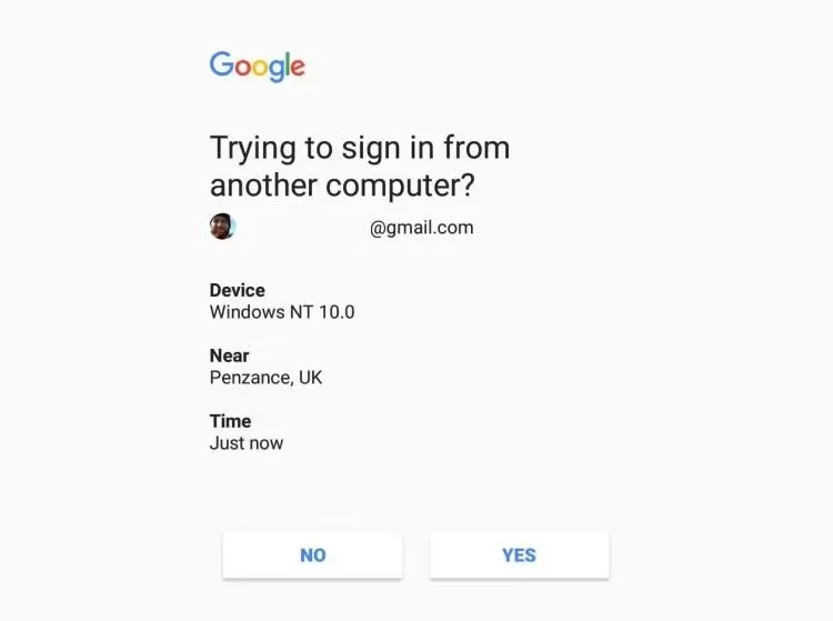 Thông báo trên thiết bị thứ hai yêu cầu xác nhận đăng nhập từ Google khi sử dụng xác thực hai yếu tố (2FA)