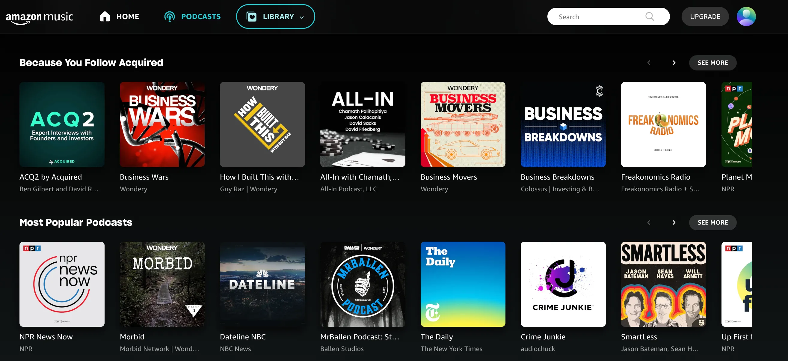 Thư viện podcast trên nền tảng Amazon Music với các danh mục và gợi ý.