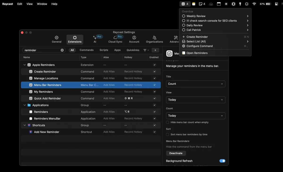Tiện ích Apple Reminders hiển thị trên thanh Menu bar của Mac sau khi được kích hoạt qua Raycast.