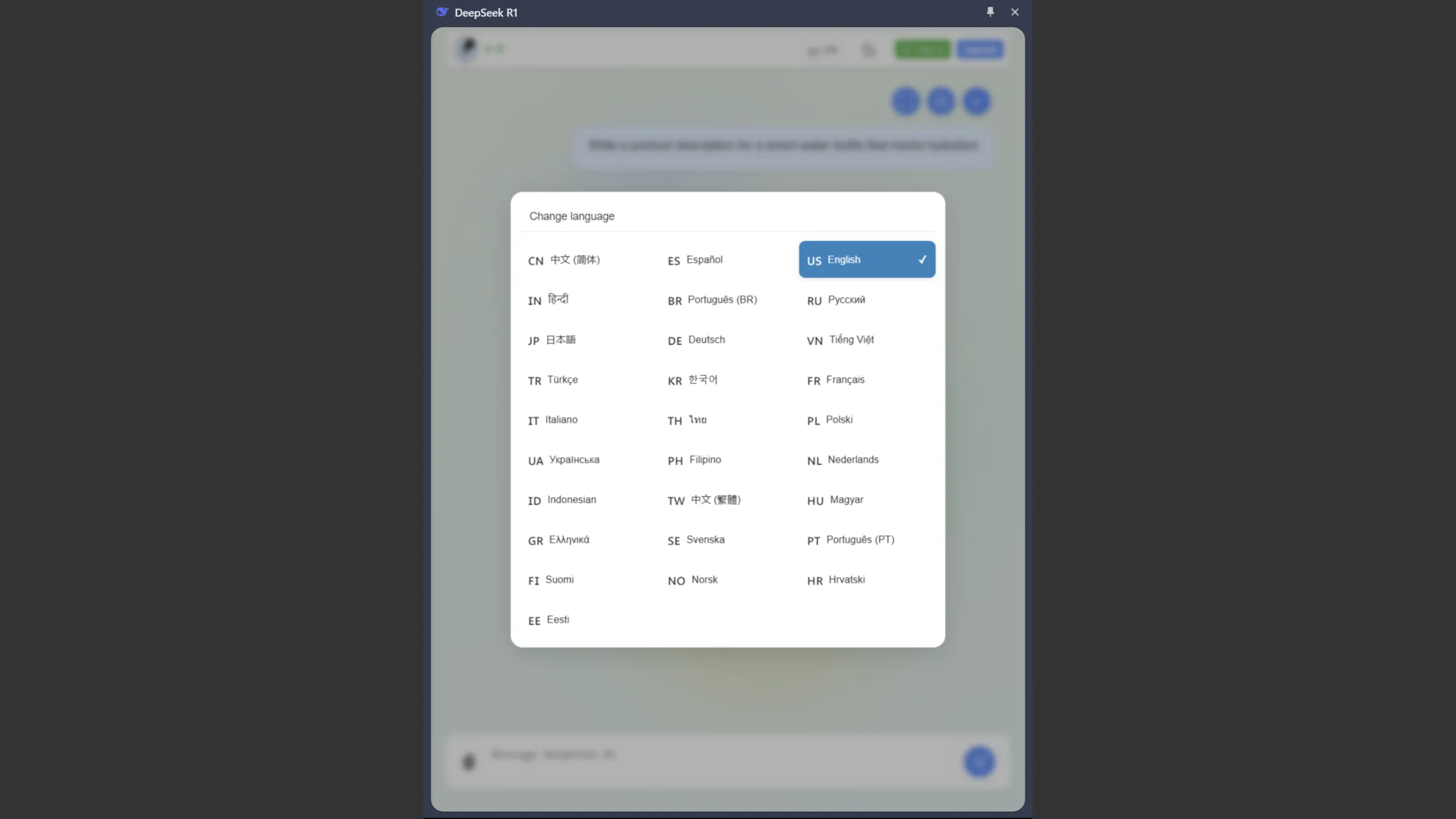 Tiện ích Chrome dựa trên DeepSeek AI của fadelmalnab hiển thị các tùy chọn ngôn ngữ khác nhau