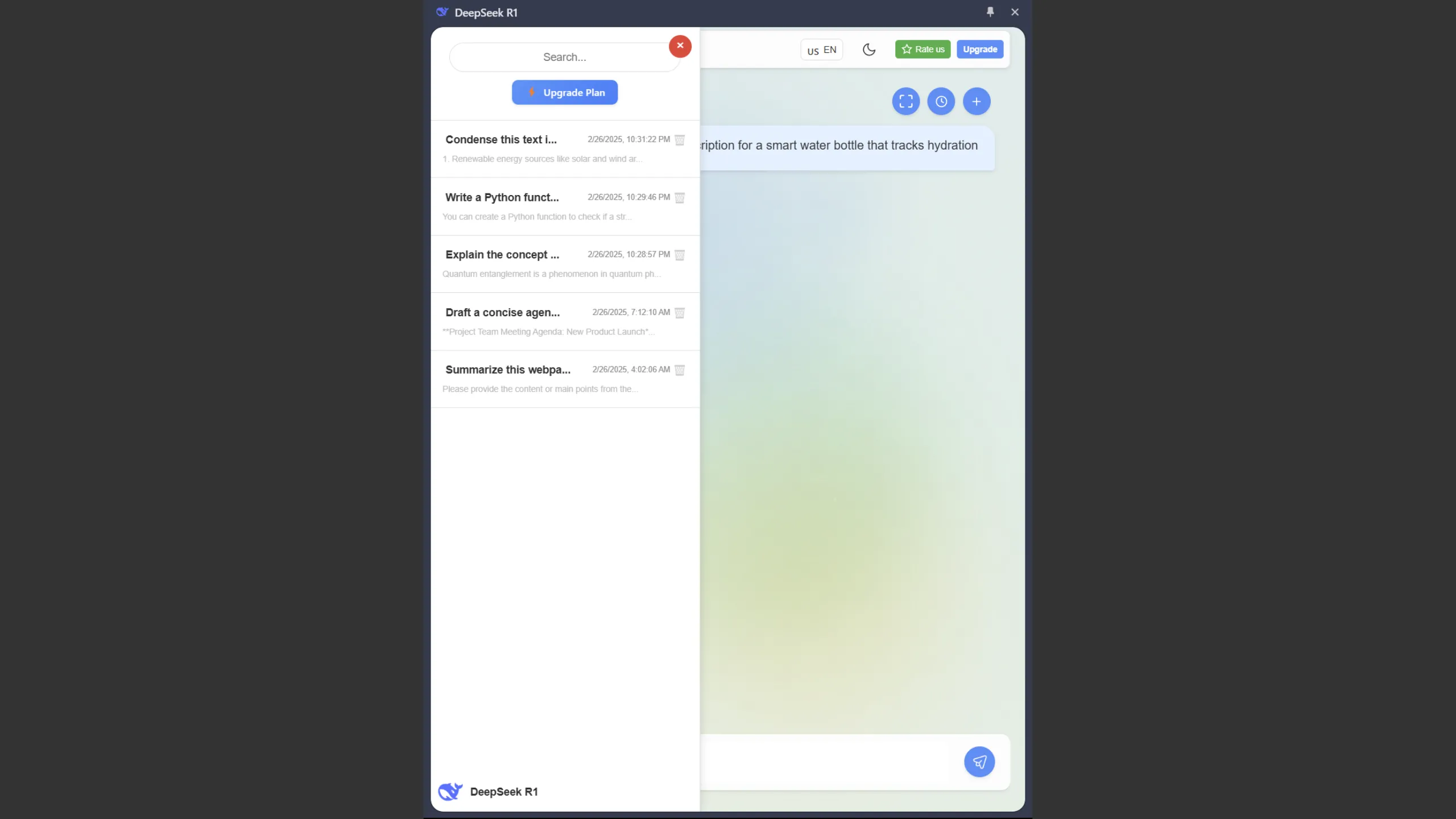 Tiện ích Chrome dựa trên DeepSeek AI của fadelmalnab hiển thị lịch sử trò chuyện