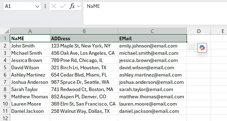 Tiêu đề bảng tính với định dạng chữ hoa/thường không nhất quán