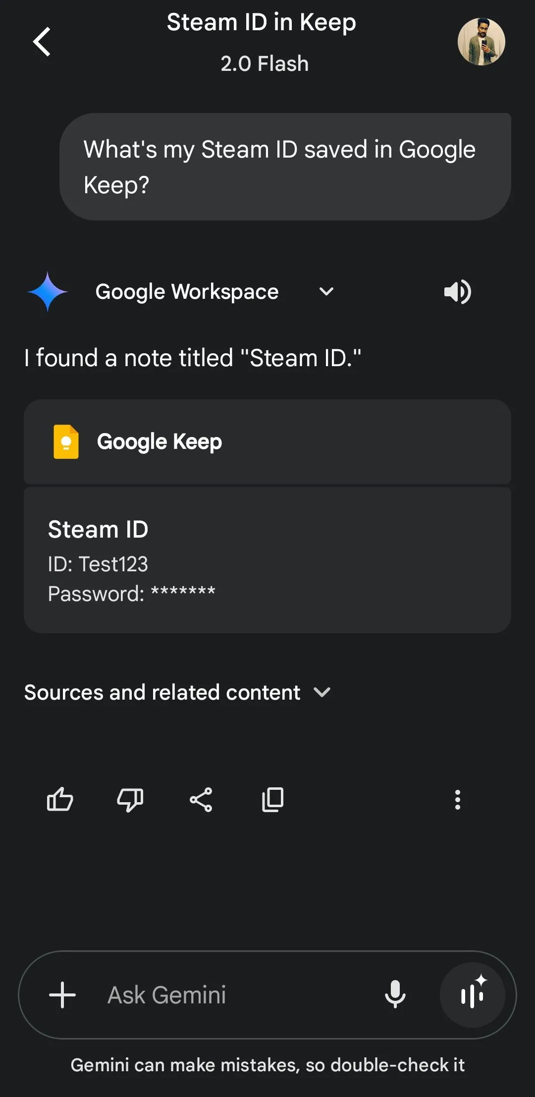 Tìm kiếm thông tin Steam ID trong Google Keep thông qua Gemini