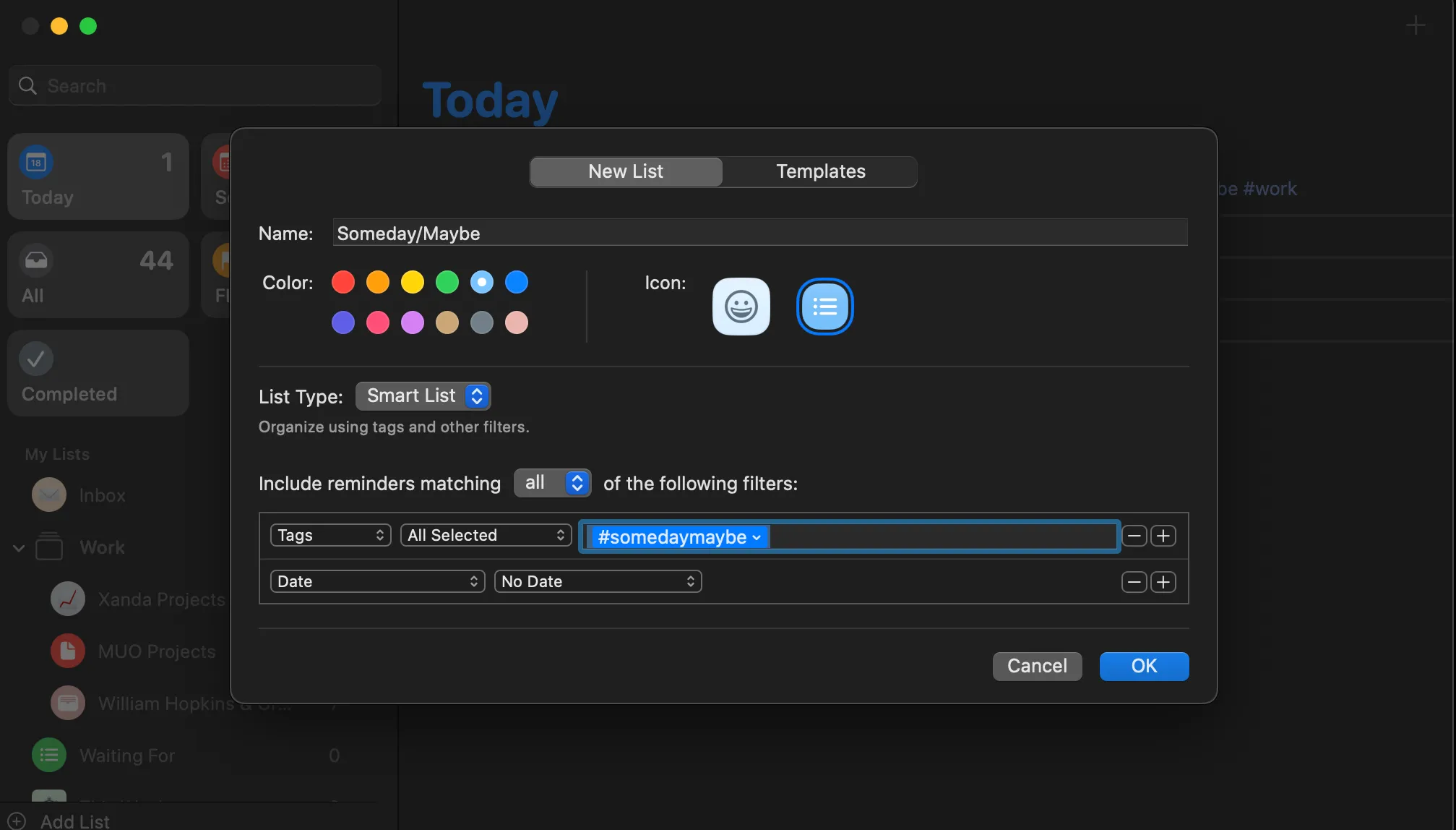Tính năng Smart List trong Lời nhắc trên máy Mac hiển thị danh sách công việc để dành hoặc có thể làm sau