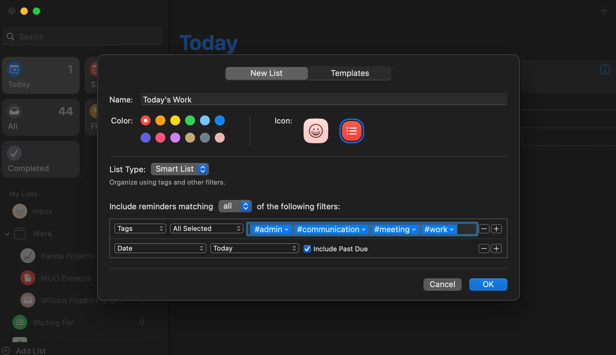 Tính năng Smart List trong Lời nhắc trên máy Mac hiển thị danh sách công việc hôm nay