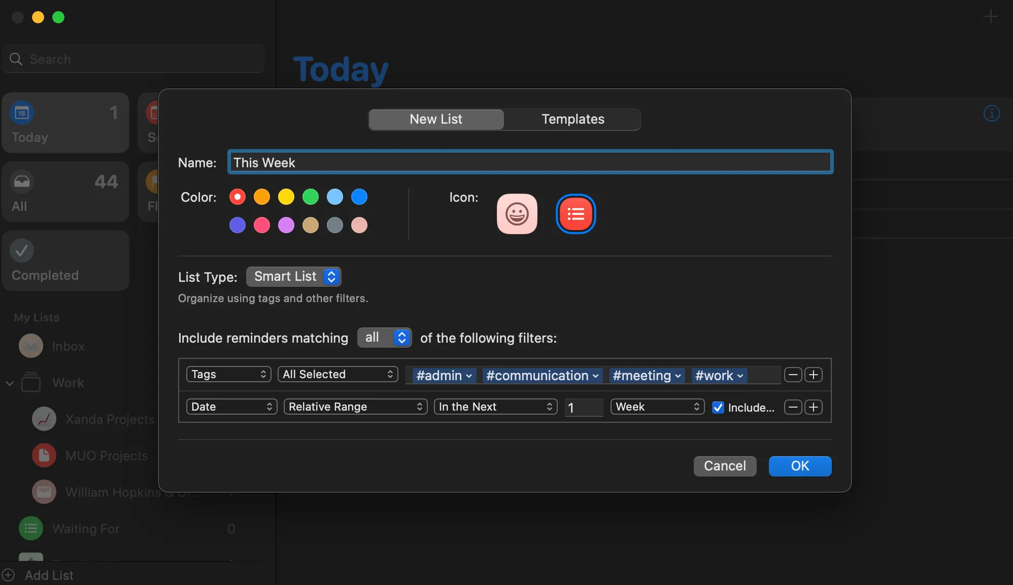 Tính năng Smart List trong Lời nhắc trên máy Mac hiển thị danh sách công việc tuần này