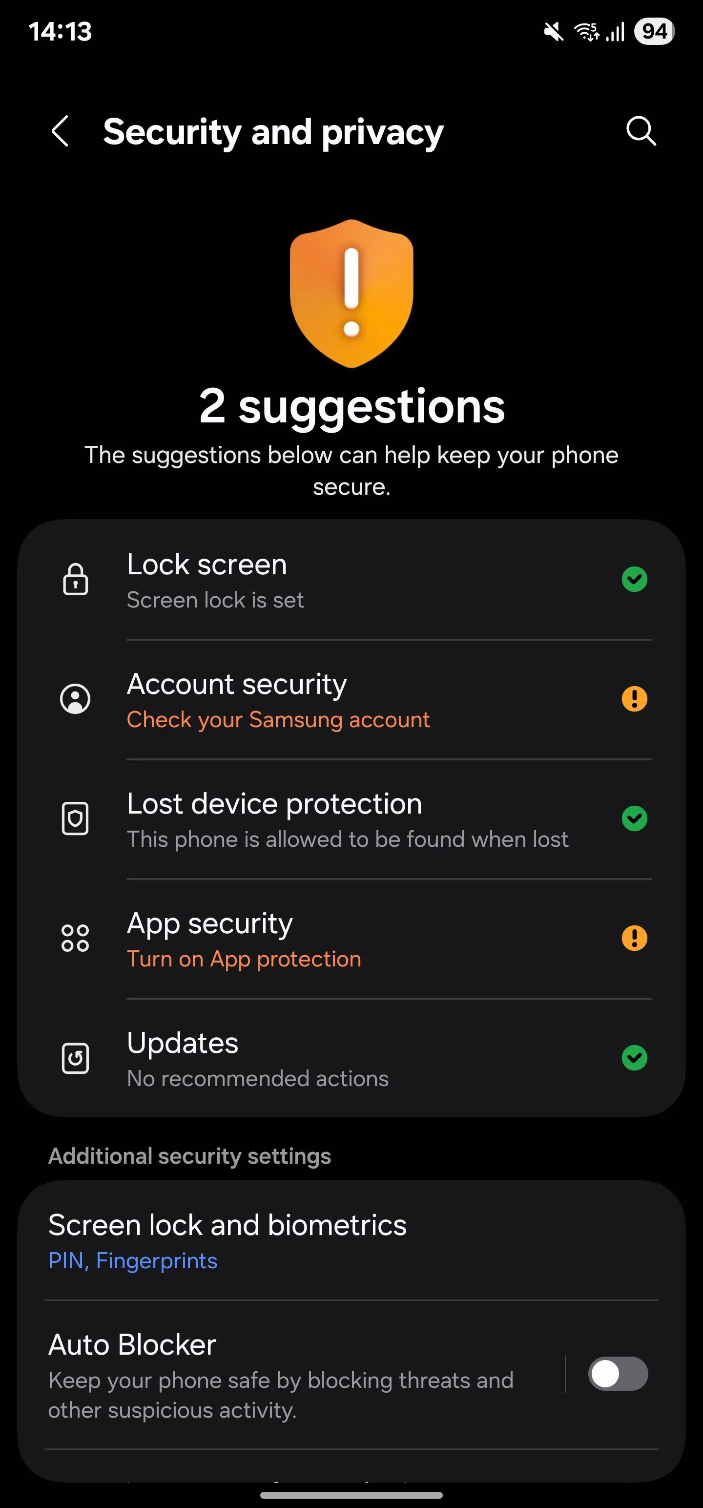 Trang Bảo mật và quyền riêng tư trong cài đặt điện thoại Samsung Galaxy