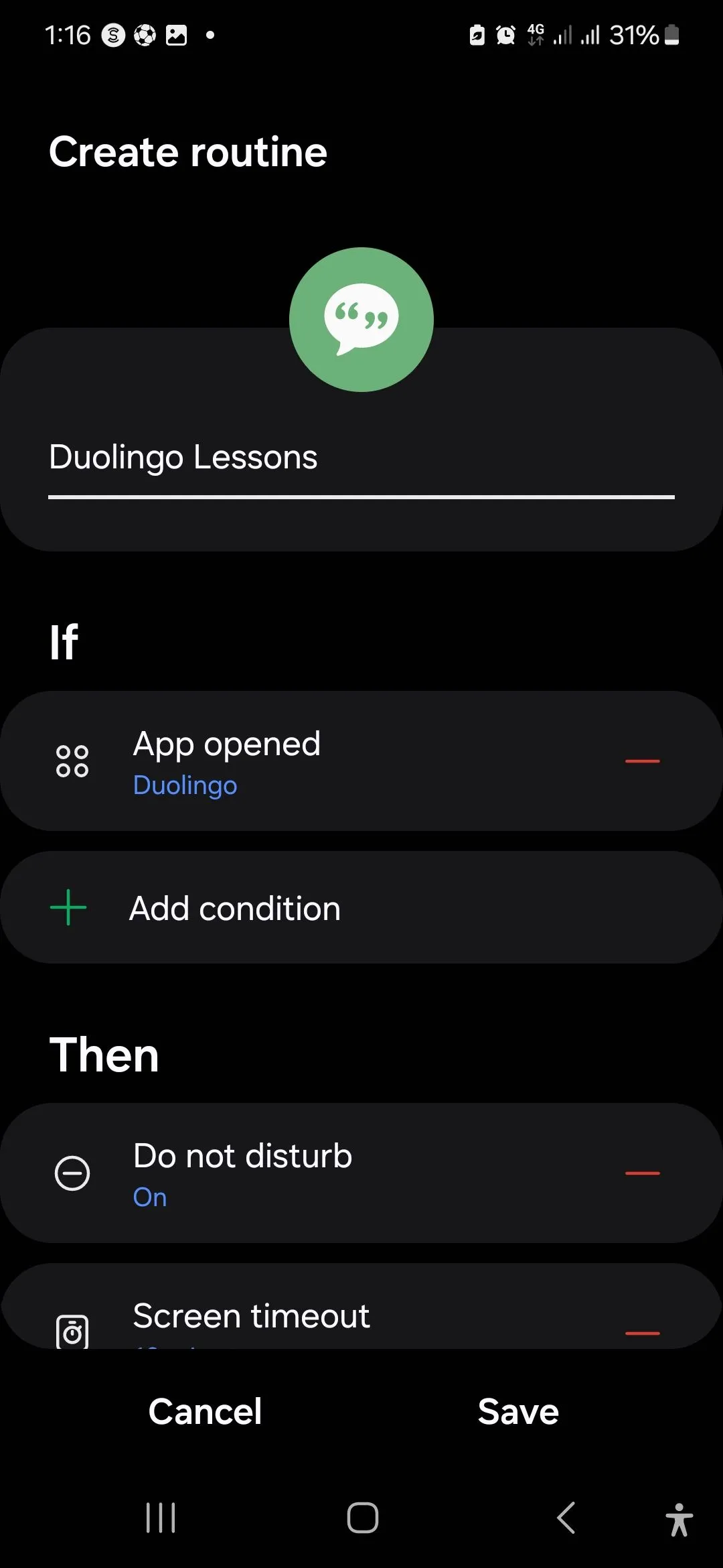 Trang cài đặt Quy trình Học Duolingo trên thiết bị Samsung, bao gồm các tùy chọn như Không làm phiền và hẹn giờ học.