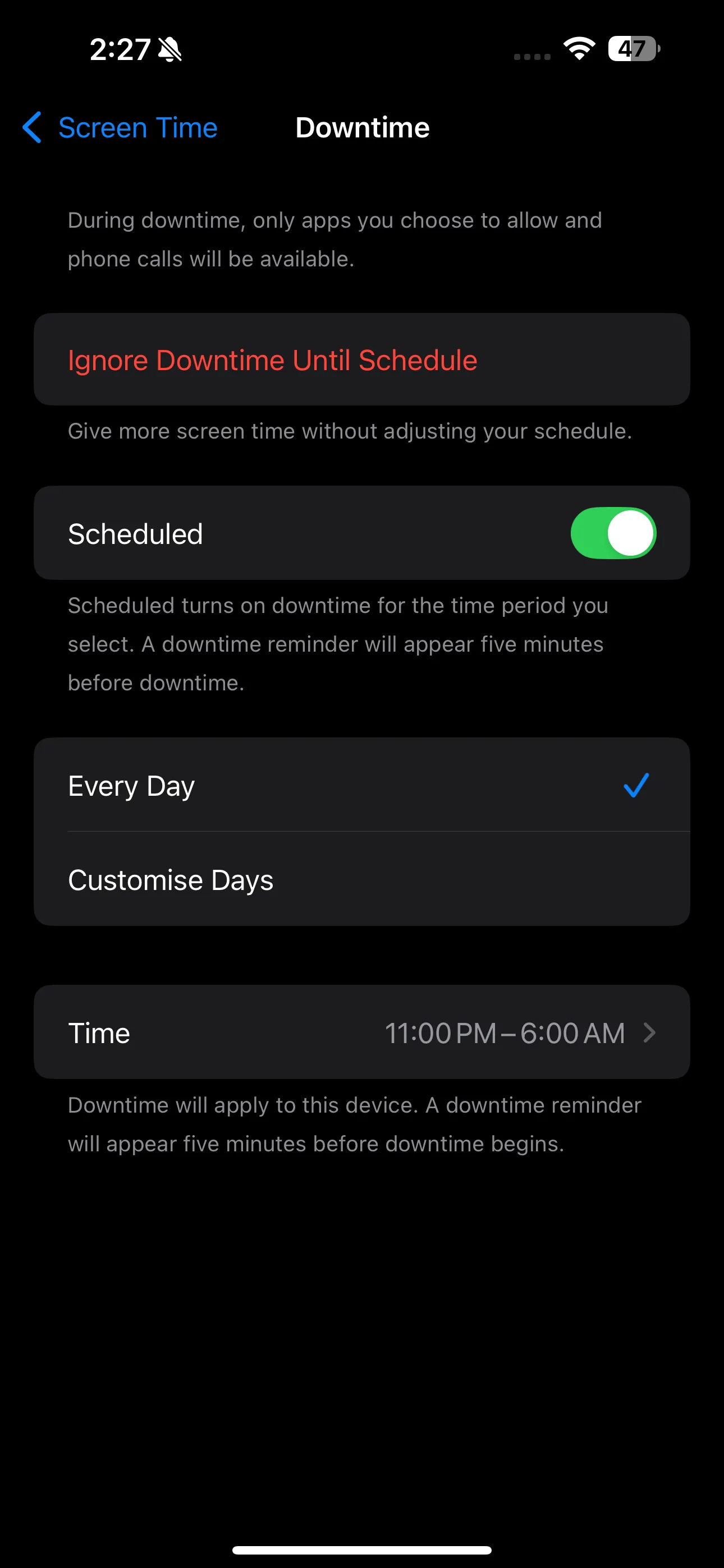Trang cài đặt Thời gian nghỉ (Downtime) trong ứng dụng Cài đặt trên iPhone, cho phép bật hoặc lên lịch.