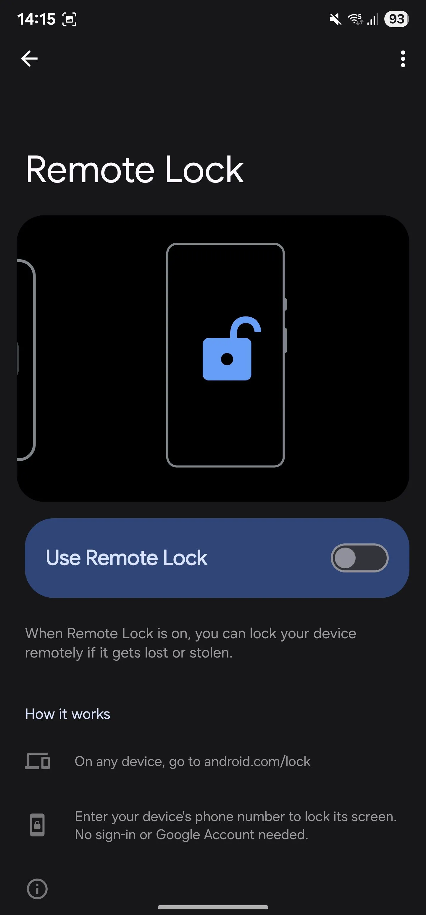 Trang cài đặt tính năng Khóa từ xa (Remote Lock) trên điện thoại Samsung Galaxy