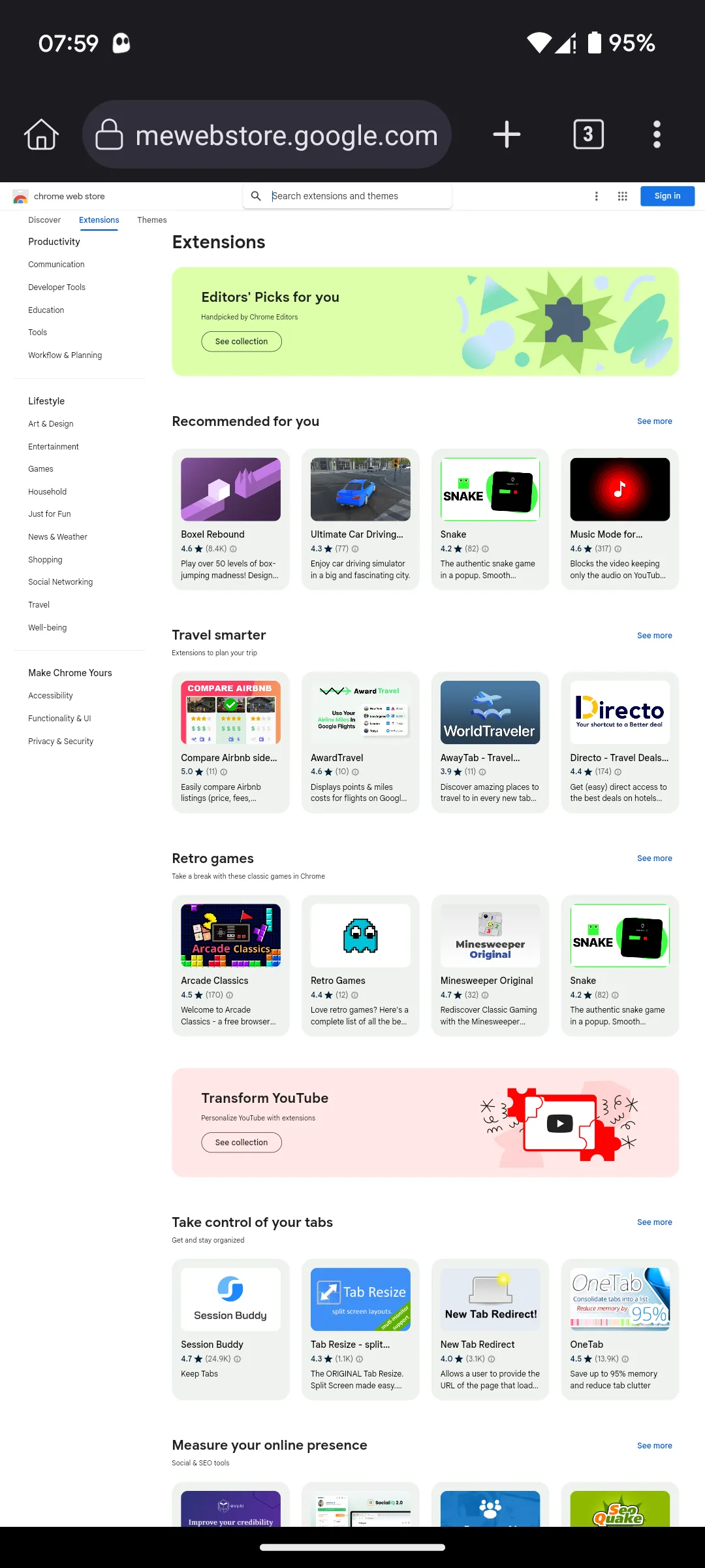 Trang chủ Cửa hàng Chrome trực tuyến được hiển thị trong trình duyệt Kiwi Browser, sẵn sàng để tìm kiếm tiện ích.