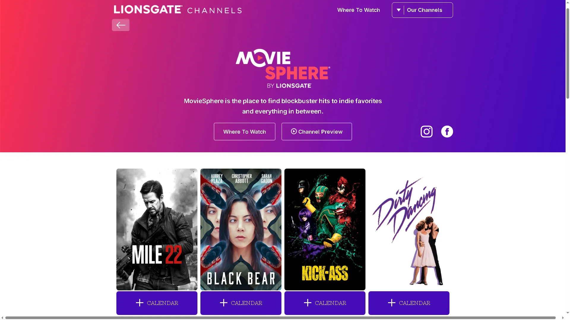 Trang chủ của Lionsgate Channels hiển thị MovieSphere với danh sách phim có sẵn