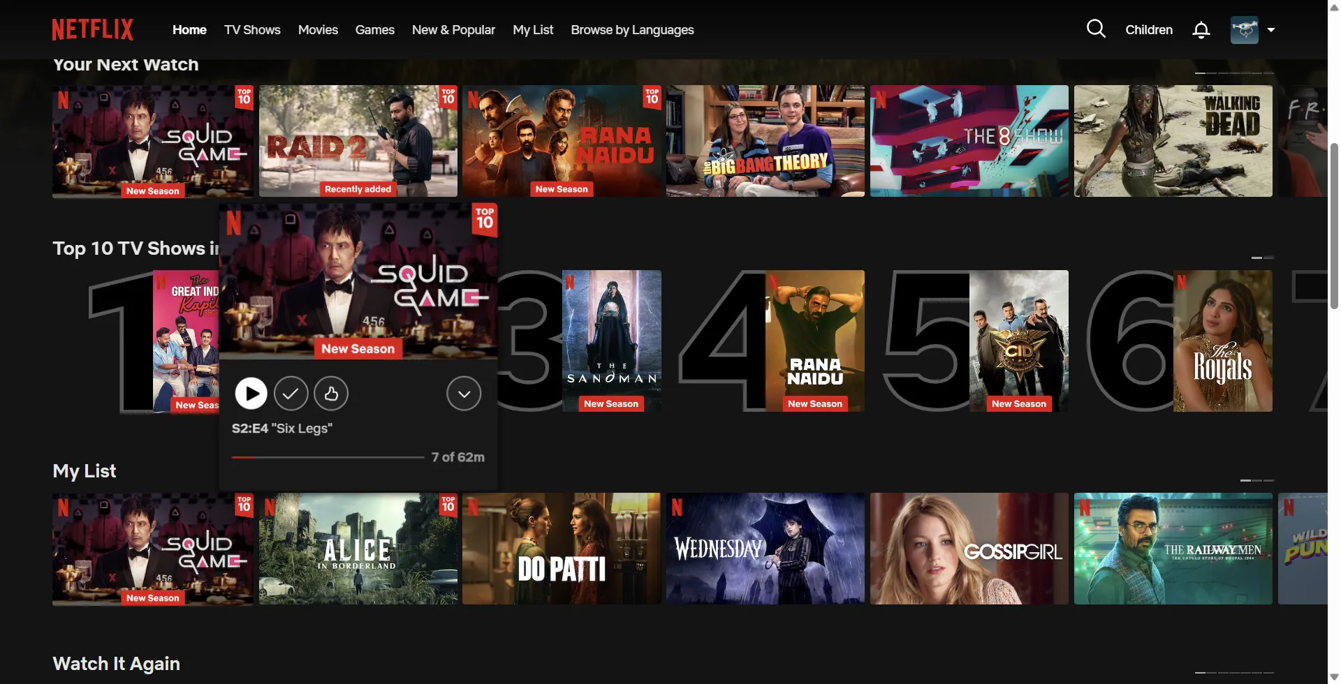 Trang chủ Netflix hiển thị các bộ phim và chương trình có sẵn