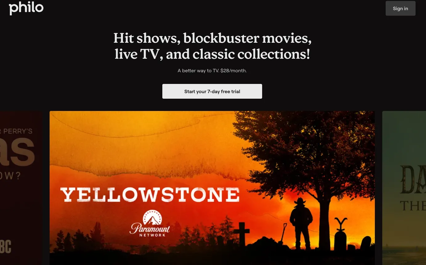 Trang chủ Philo TV hiển thị quảng cáo chương trình Yellowstone, minh họa giao diện thân thiện của dịch vụ streaming.