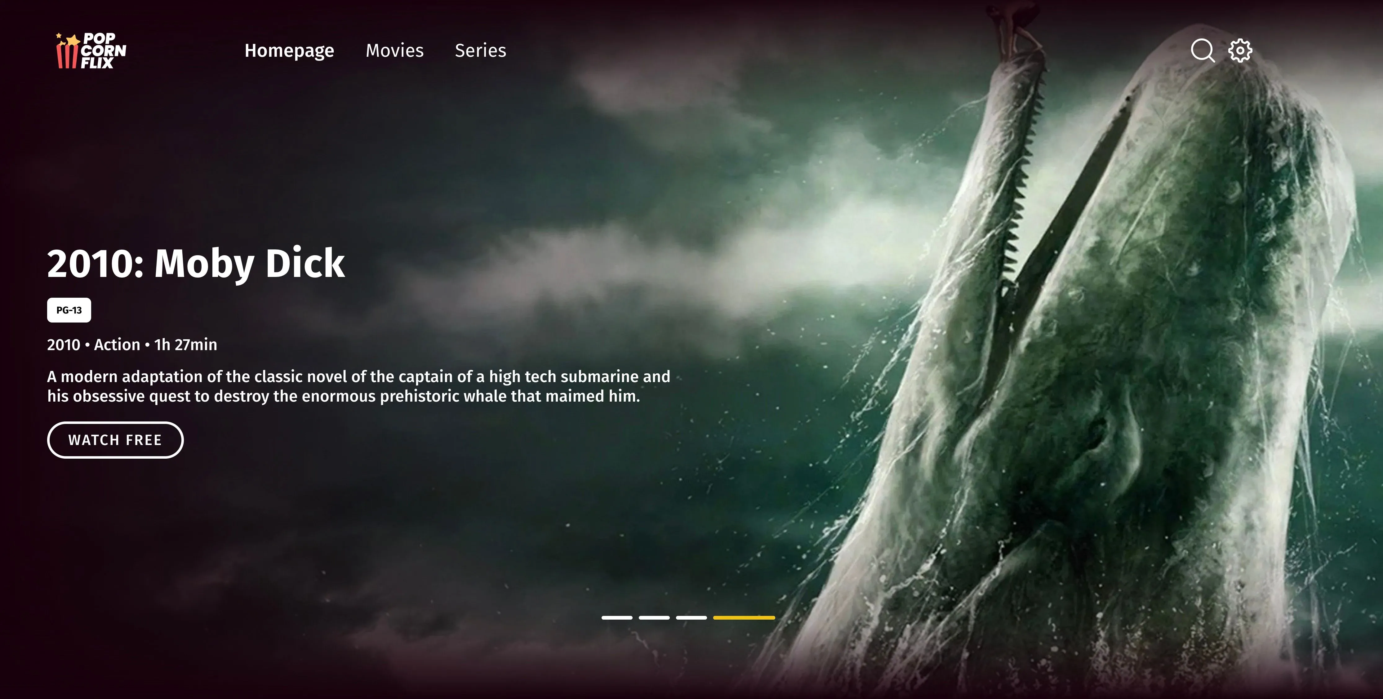 Trang chủ Popcornflix với giao diện xem phim Moby Dick.