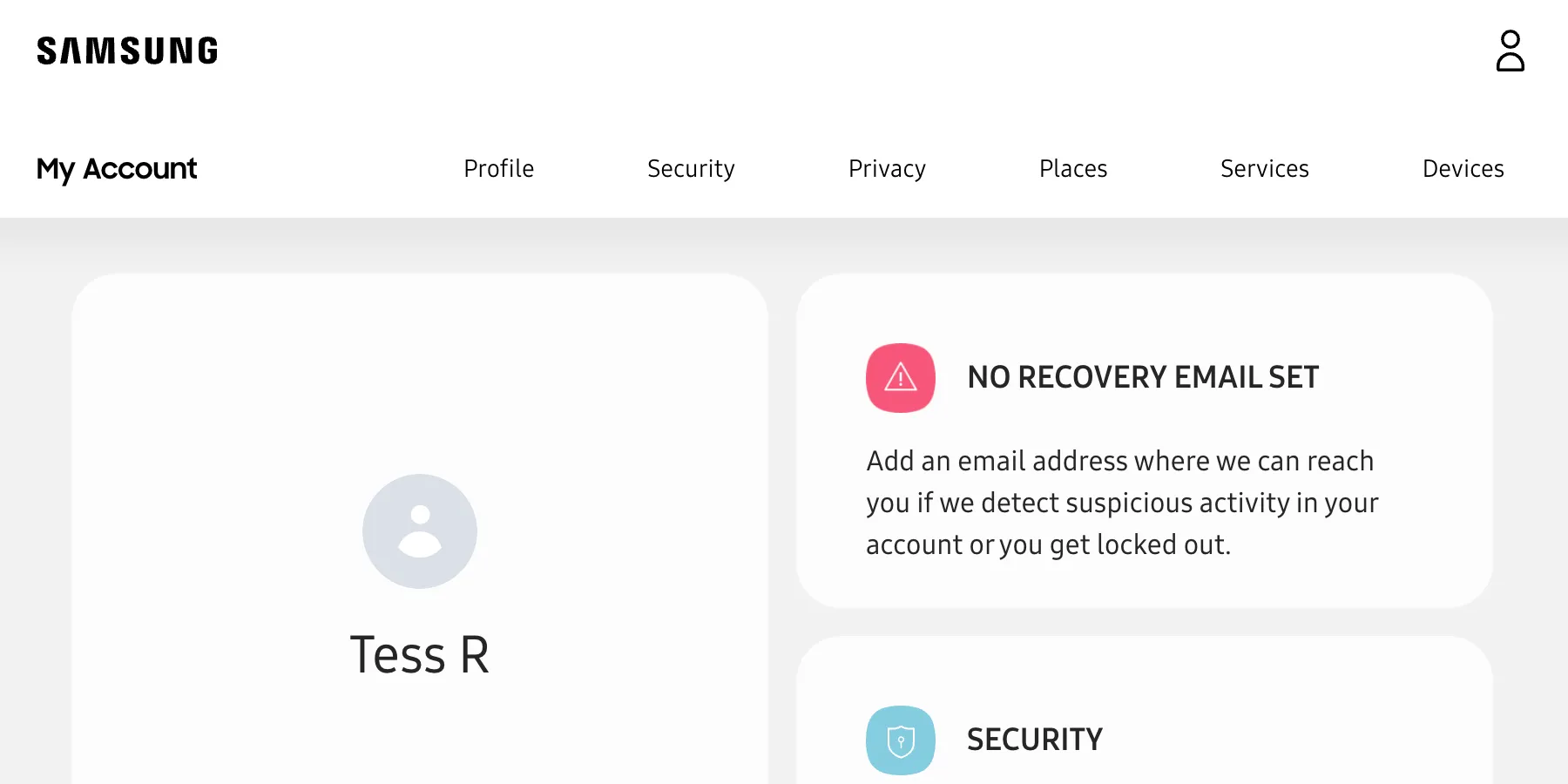 Trang chủ tài khoản Samsung hiển thị thông tin sau khi người dùng đăng nhập, giúp quản lý dữ liệu và dịch vụ