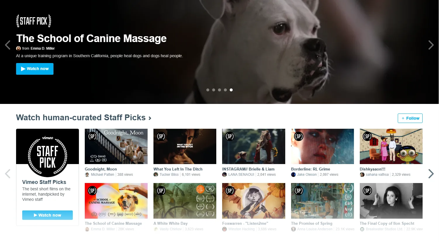 Trang chủ Vimeo với giao diện tối giản, tập trung vào video chất lượng cao và các đề xuất &quot;Staff Picks&quot;, nổi bật tính nghệ thuật.