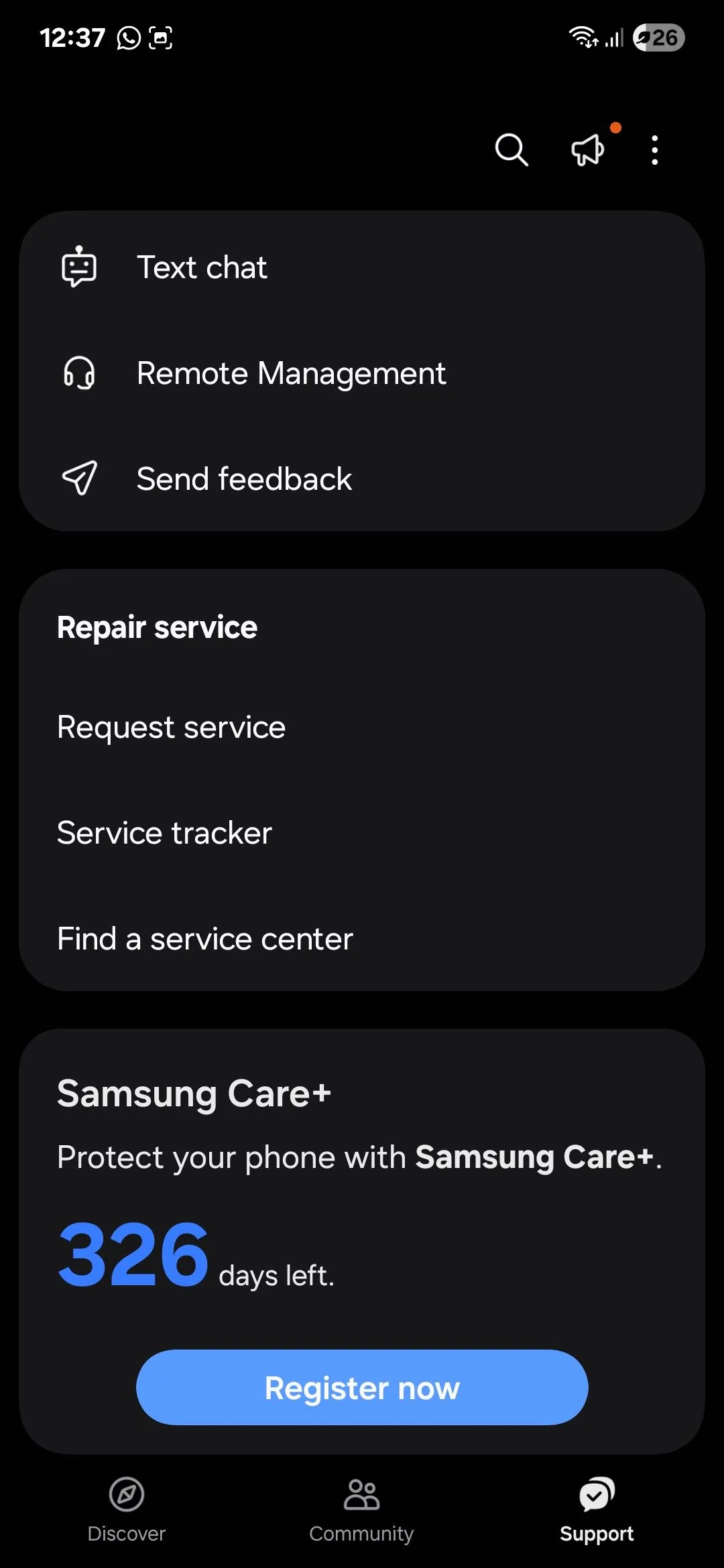 Trang hỗ trợ trong ứng dụng Samsung Members, cung cấp công cụ chẩn đoán và dịch vụ