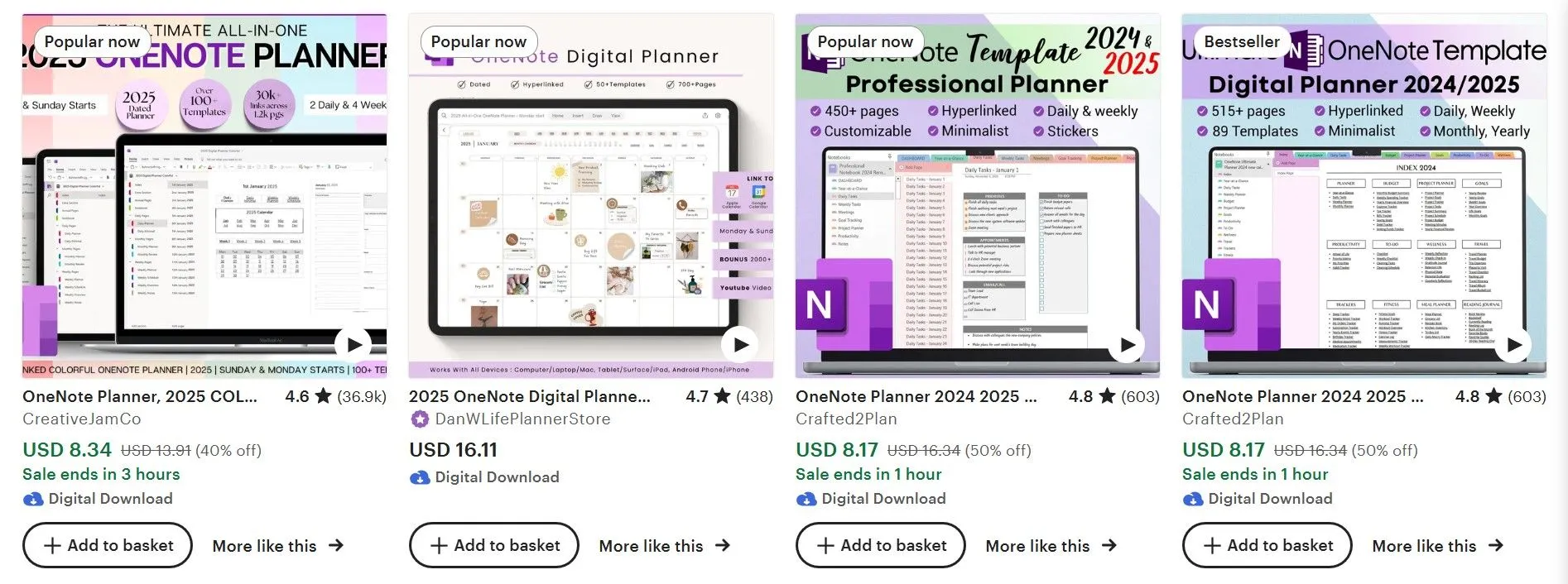 Trang kết quả tìm kiếm trên Etsy hiển thị đa dạng các mẫu OneNote được thiết kế bởi người bán độc lập.
