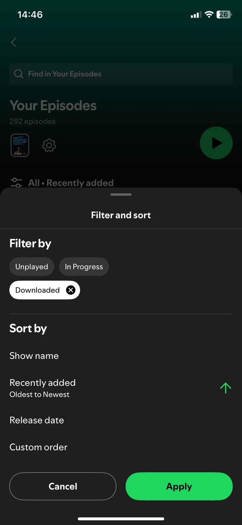 Trang lọc podcast trong ứng dụng Spotify, nơi người dùng có thể quản lý các bản tải xuống