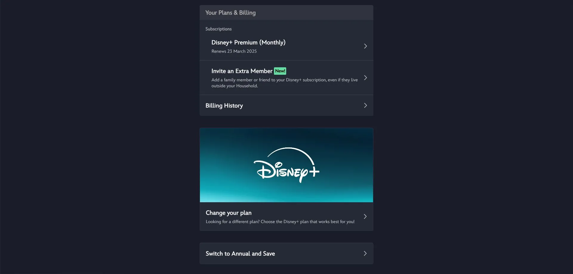 Trang tài khoản Disney Plus cho thấy tùy chọn hủy và đăng ký lại