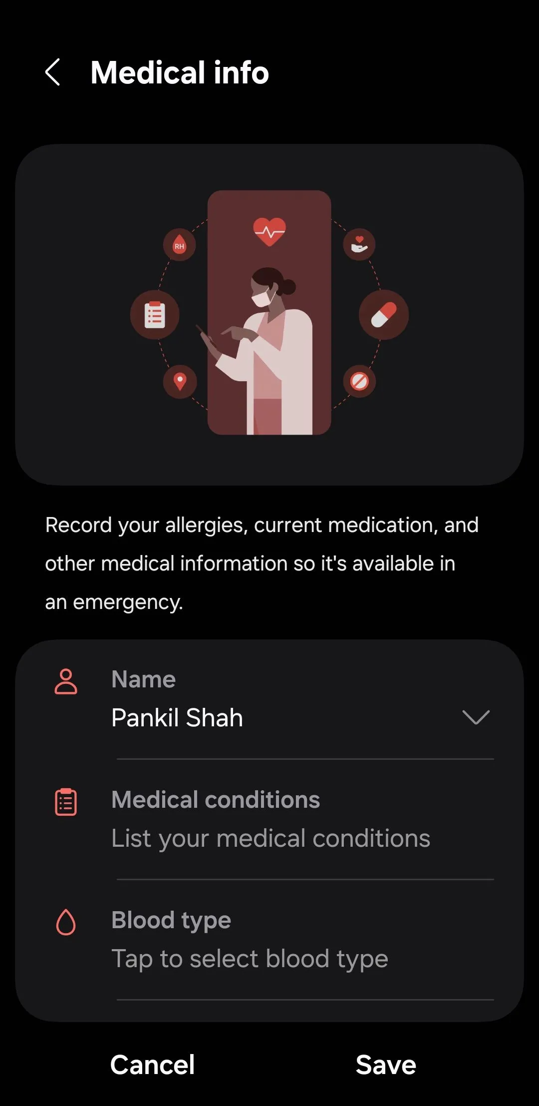 Trang thông tin y tế cá nhân hiển thị trên màn hình điện thoại Android