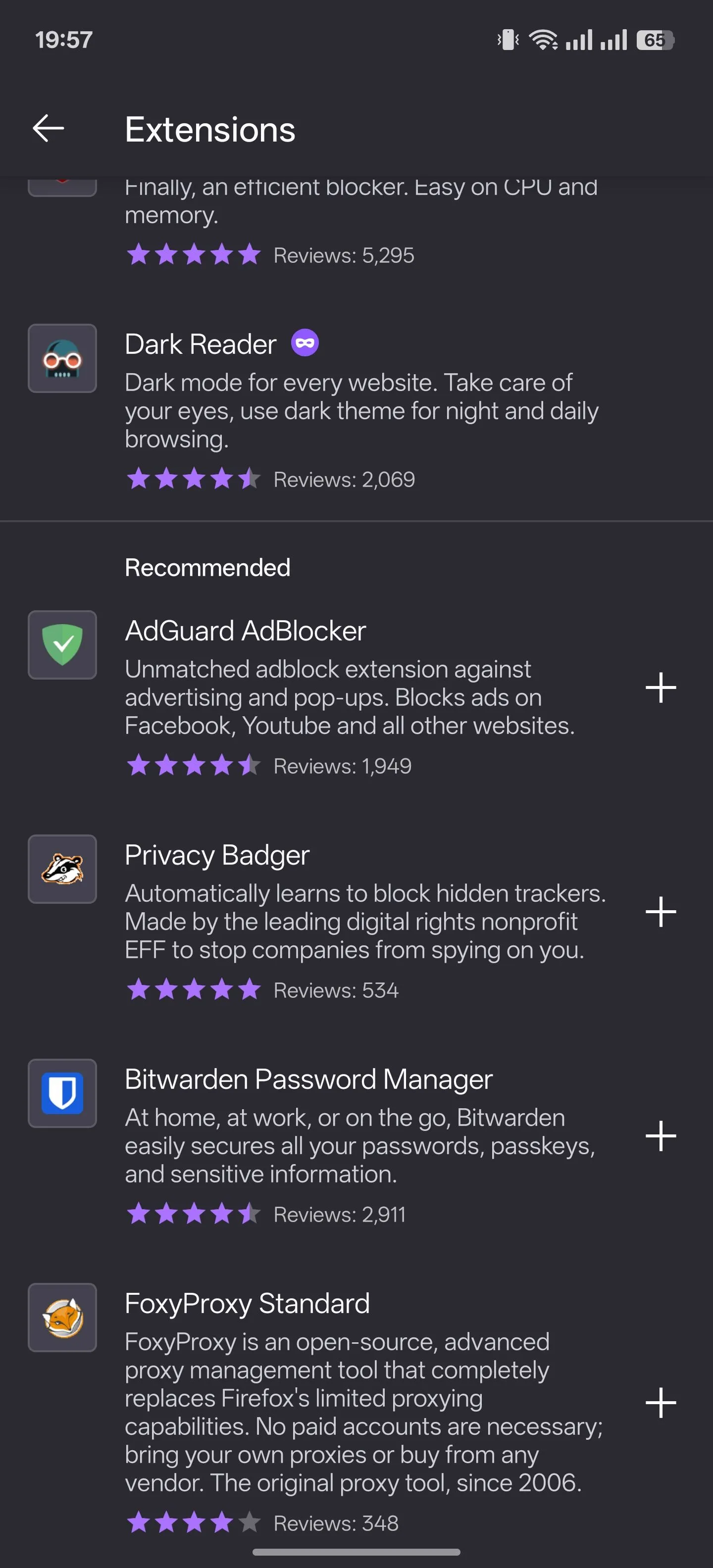 Trang tiện ích mở rộng trong Firefox cho Android