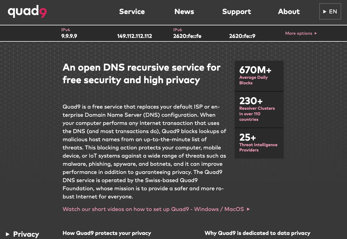 Trang web chính thức của dịch vụ DNS Quad9