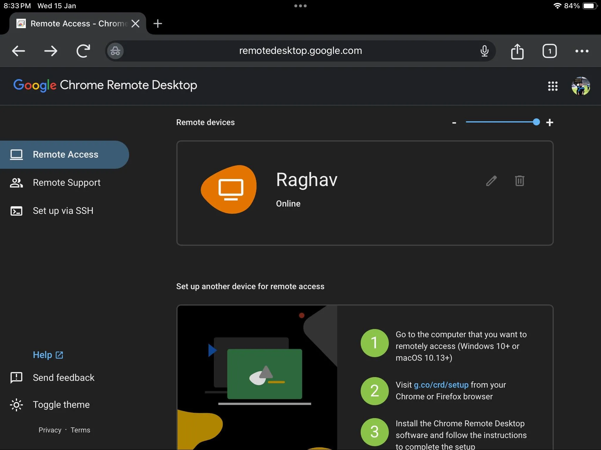 Trang web Chrome Remote Desktop trên iPad hiển thị danh sách các PC có thể truy cập