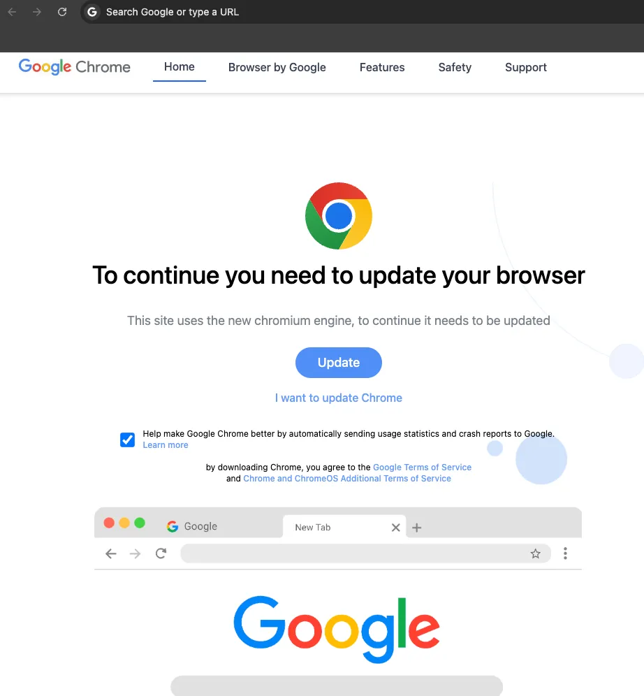 Trang web giả mạo yêu cầu cập nhật Google Chrome để xem nội dung.