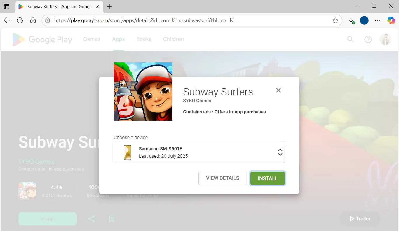 Trang web Google Play Store trên máy tính hiển thị tùy chọn cài đặt trò chơi từ xa lên điện thoại Android