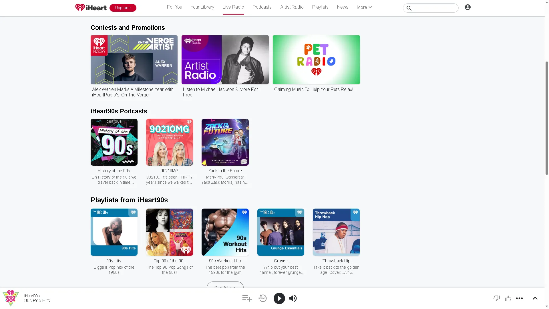 Trang web iHeart Radio hiển thị nội dung của iHeart90s