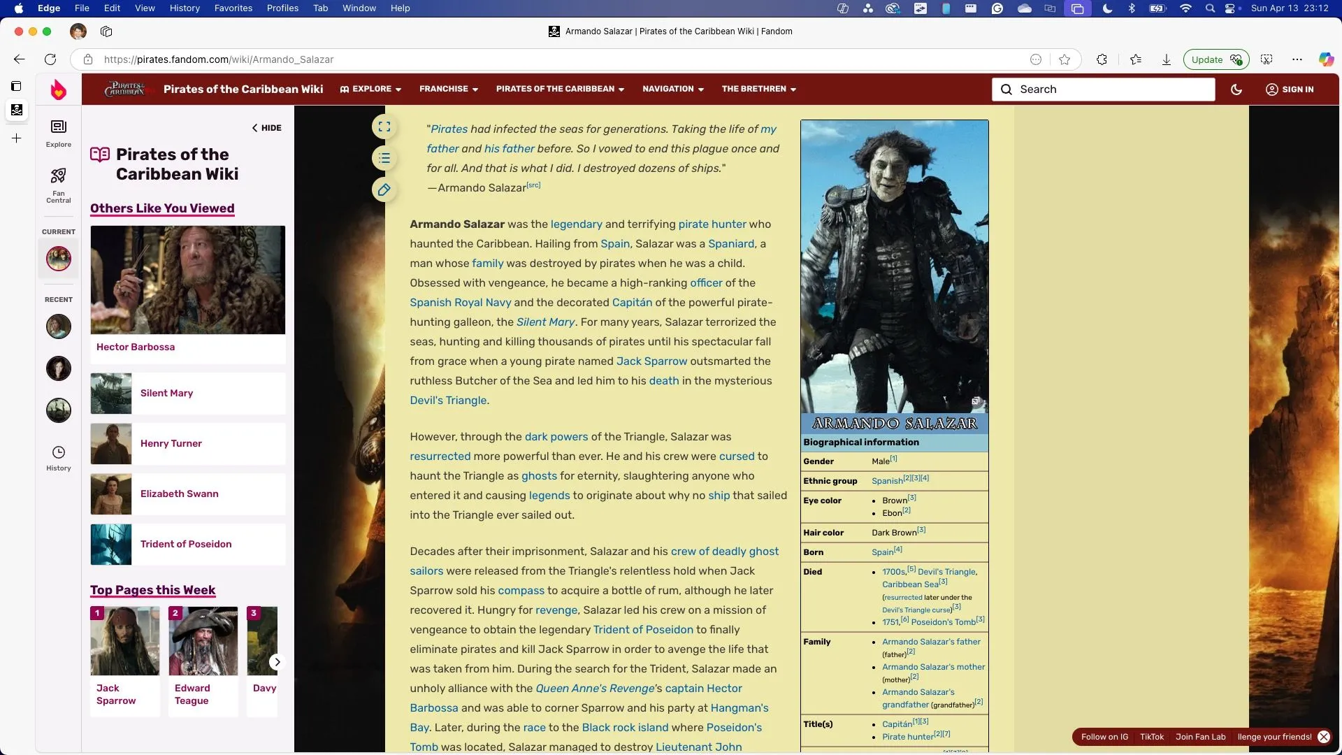 Trang Wiki Fandom về Armando Salazar trong Cướp biển vùng Caribbean