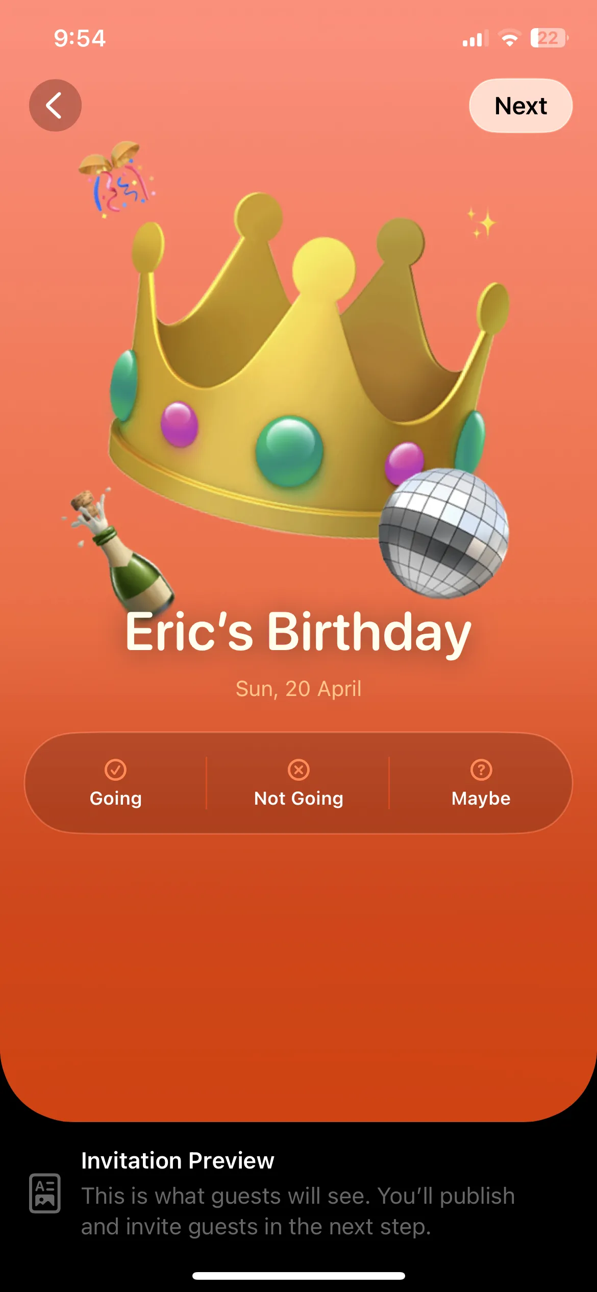 Trang xem trước lời mời trong ứng dụng Apple Invites trên iPhone.