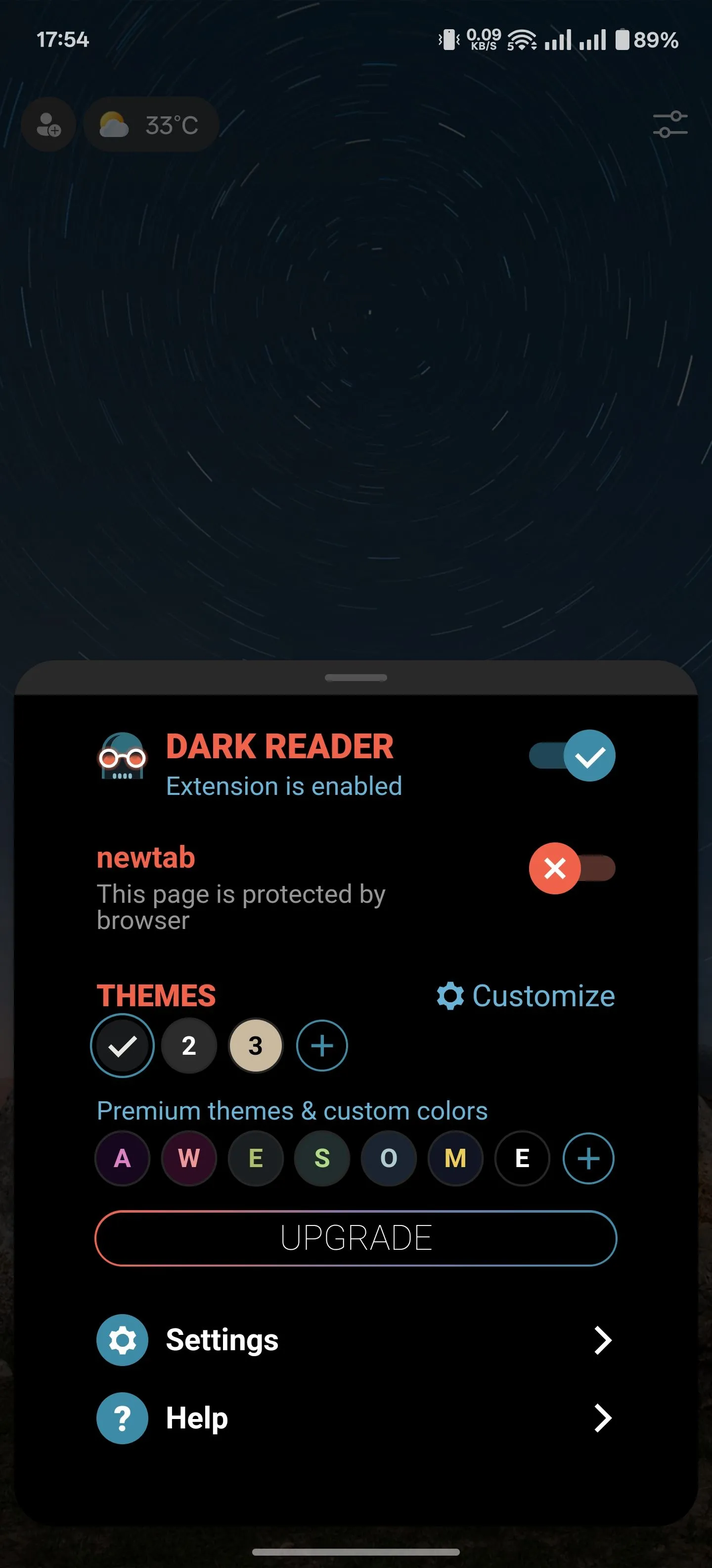 Tùy chỉnh cài đặt cho tiện ích Dark Reader trong Microsoft Edge Android, hiển thị các chế độ màu sắc