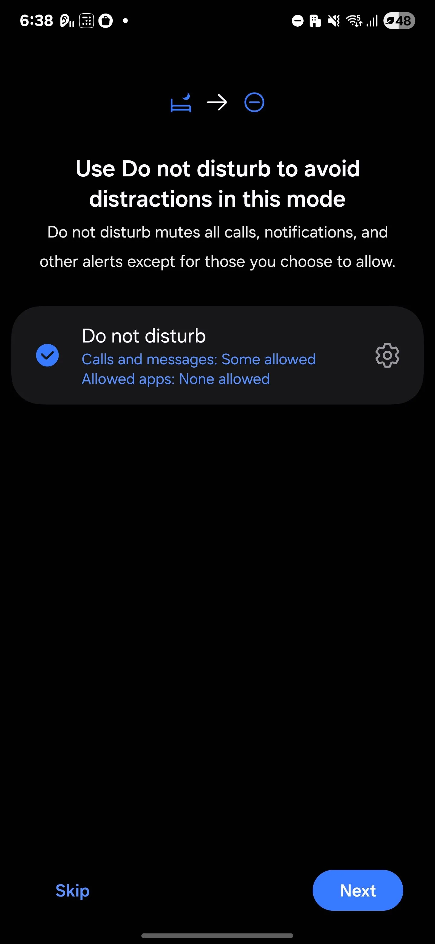 Tùy chọn bật chế độ Không làm phiền (Do not disturb) trong cài đặt Chế độ Giờ đi ngủ của Samsung, giúp chặn thông báo vào ban đêm.
