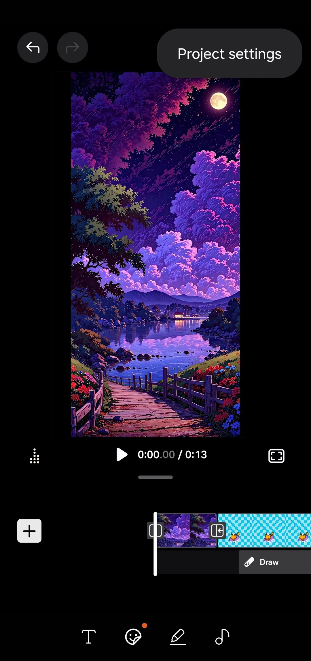 Tùy chọn 'Cài đặt dự án' trong menu ba chấm của Samsung Studio trên điện thoại Galaxy, nơi người dùng điều chỉnh tỷ lệ khung hình.