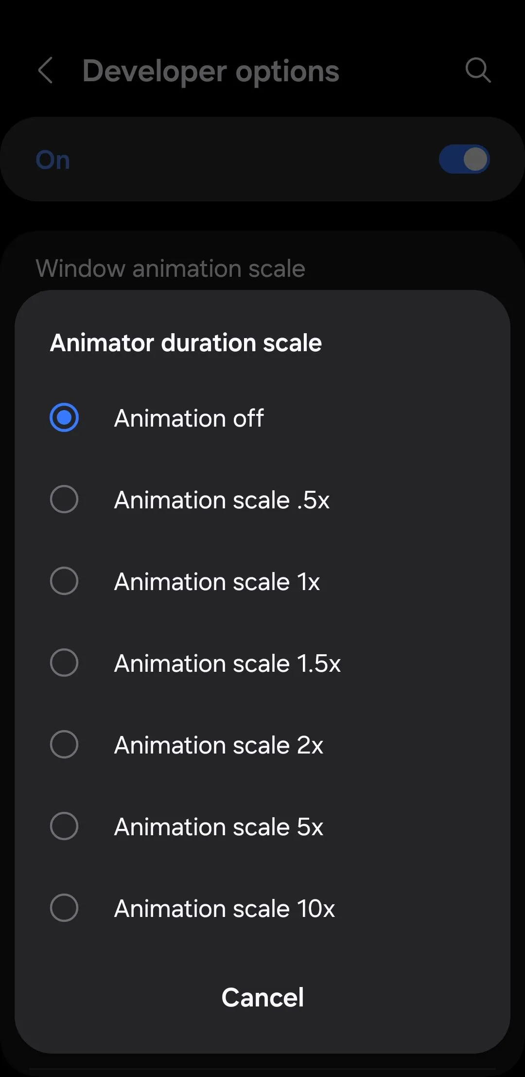 Tùy chọn điều chỉnh tỷ lệ hoạt ảnh (Animation Scale) trong menu Tùy chọn nhà phát triển Android