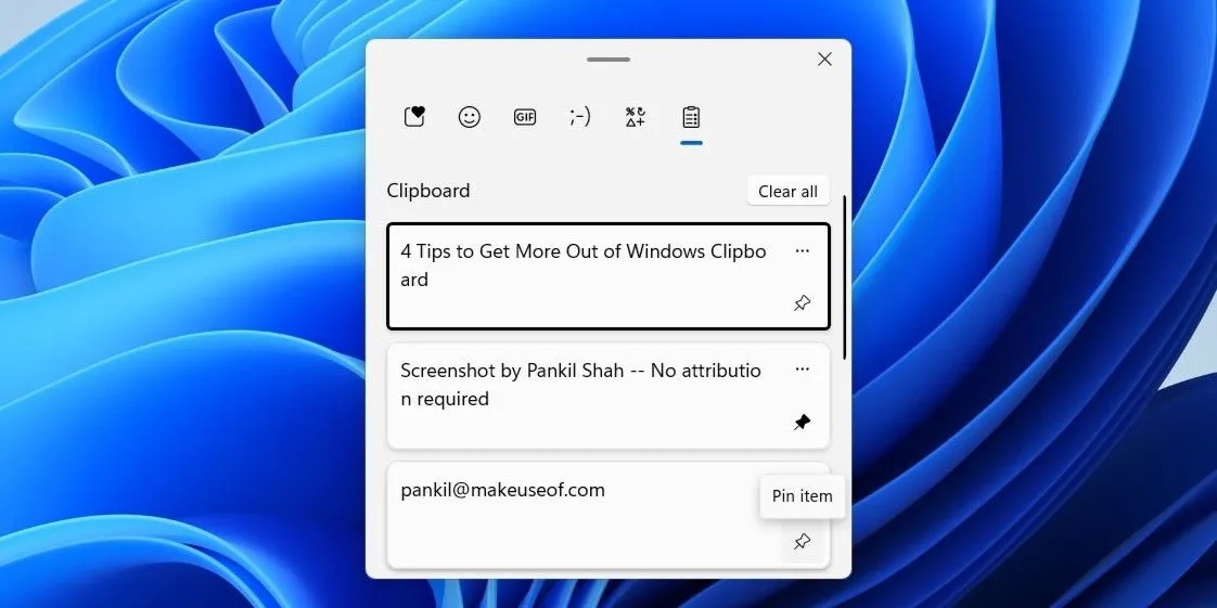 Tùy chọn ghim mục trong lịch sử Clipboard của Windows 11, giúp người dùng dễ dàng truy cập nội dung thường dùng.