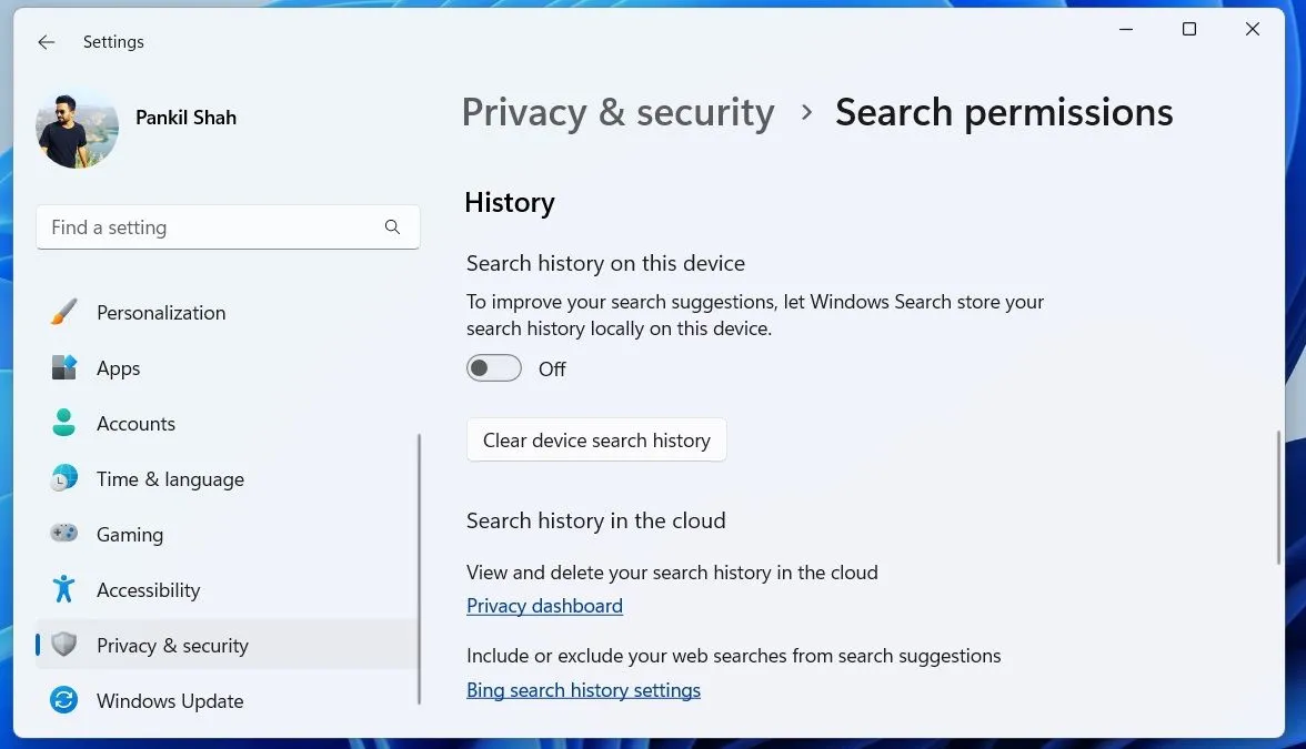 Tùy chọn lịch sử tìm kiếm trong ứng dụng Cài đặt Windows 11