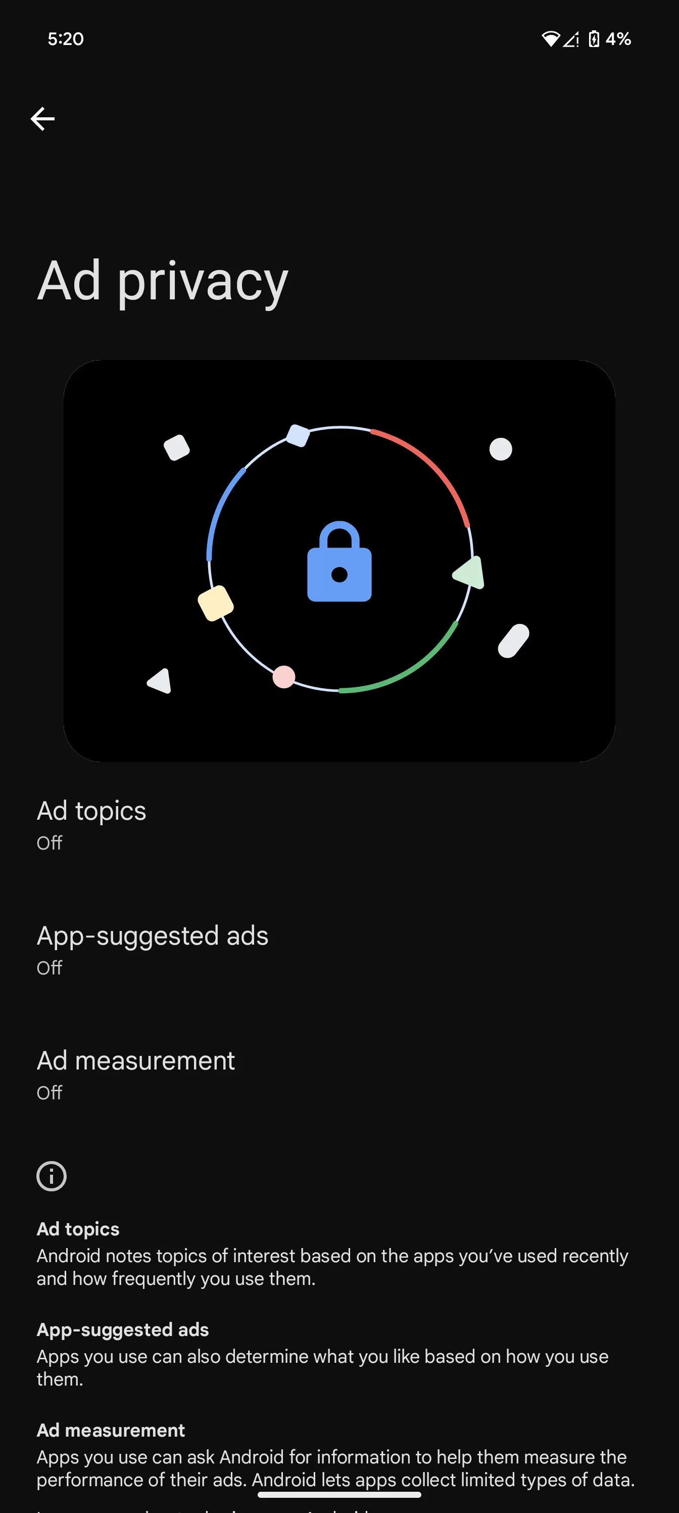 Tùy chọn quảng cáo cá nhân hóa trong menu cài đặt Android, hiển thị cách người dùng có thể giới hạn việc theo dõi quảng cáo.