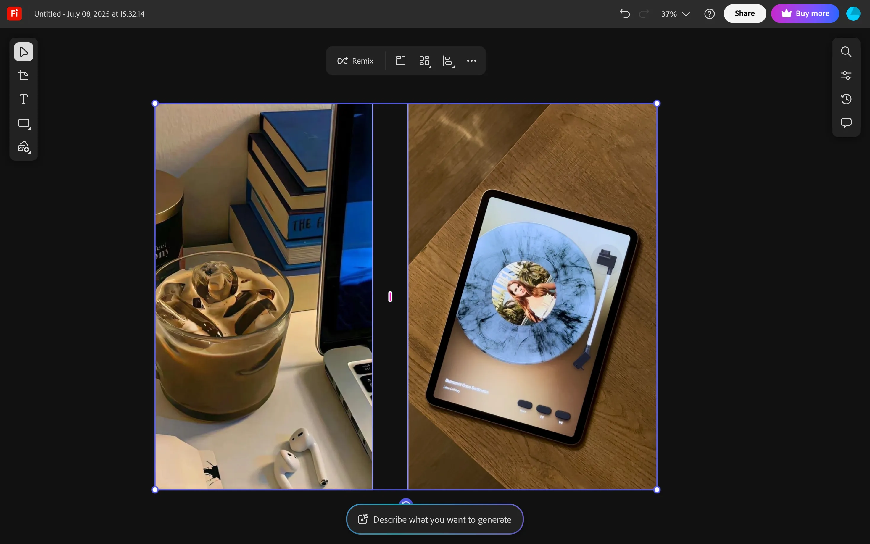 Tùy chọn Remix xuất hiện trong Adobe Firefly Boards khi hai hình ảnh được chọn để hòa trộn