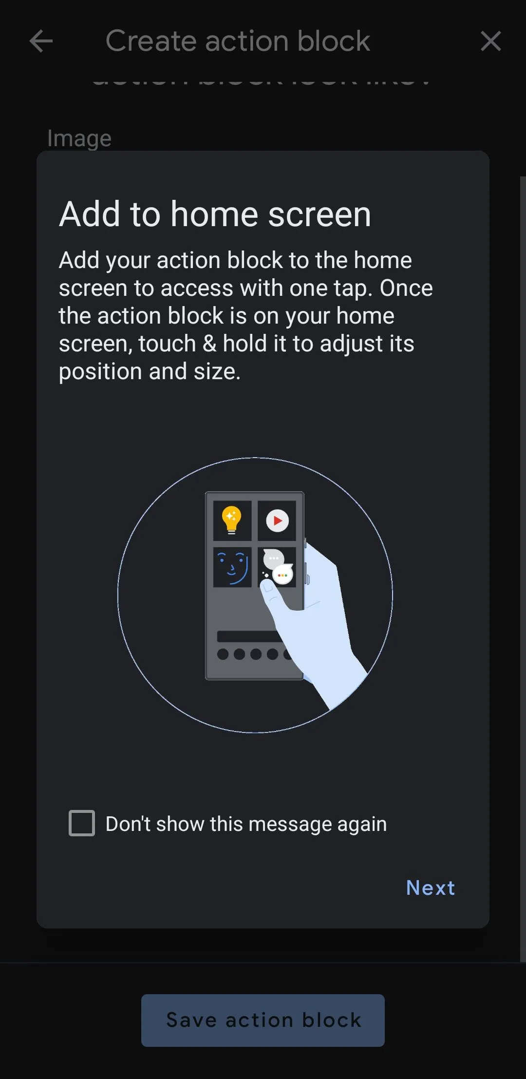Tùy chọn thêm khối tác vụ Action Blocks của Google ra màn hình chính trên điện thoại Android.