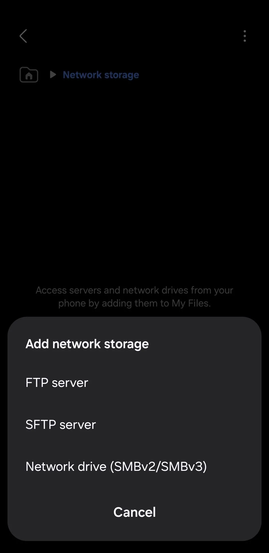 Tùy chọn thêm lưu trữ mạng (FTP, ổ đĩa chia sẻ) trong ứng dụng Samsung Files.