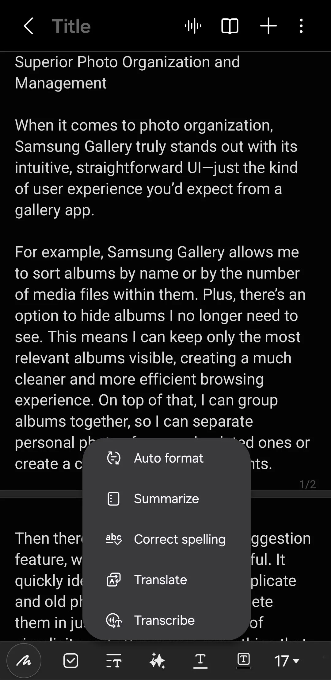 Tùy chọn tính năng Auto Format trong ứng dụng Samsung Notes giúp tự động sắp xếp ghi chú.