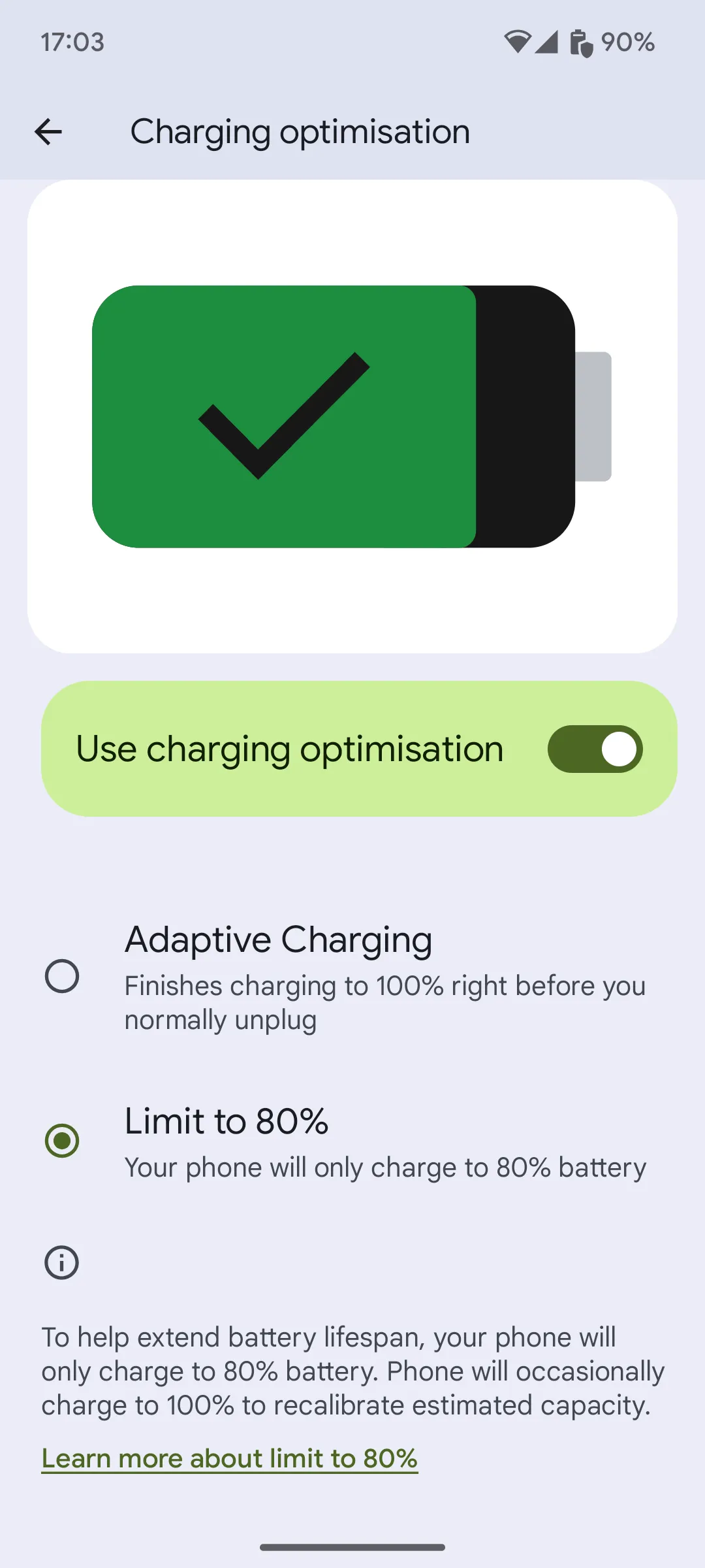 Tùy chọn tối ưu hóa sạc pin 80% trong cài đặt Pixel