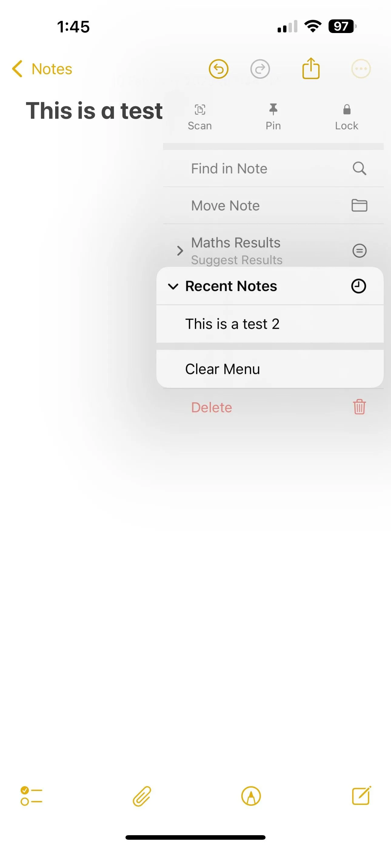 Tùy chọn Xóa Menu để xóa lịch sử ghi chú gần đây trong ứng dụng Ghi chú trên iOS 18