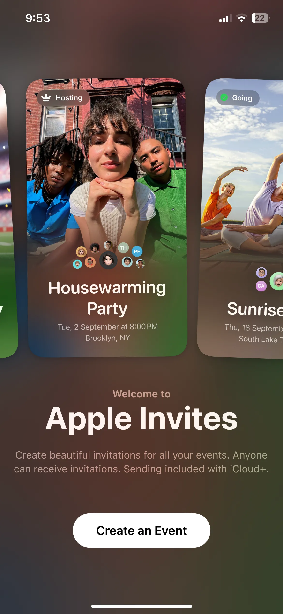 Ứng dụng Apple Invites trên iPhone để tạo lời mời kỹ thuật số.